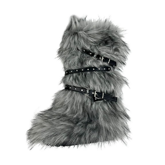 Miluxas Women's Winter Warm Knee High Tube Snow Boots Fashionable Casual Cross Belt Buckle Leather Boots Gray 6.5(38)