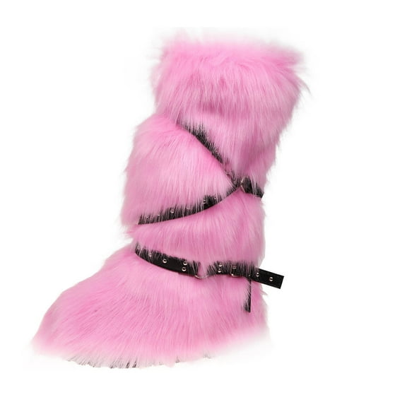 Miluxas Women's Winter Warm Knee High Tube Snow Boots Fashionable Casual Cross Belt Buckle Leather Boots Pink 5.5(36)