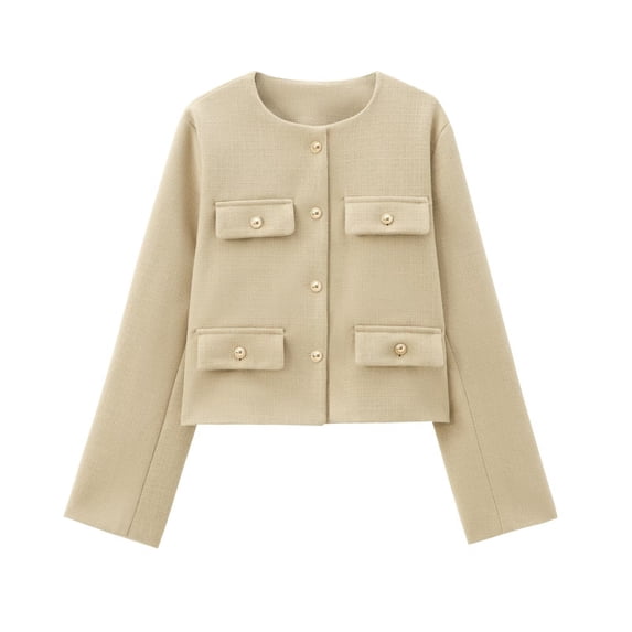 Miluxas Women's Work office Blazer Button up Round Neck Pure Color Long Sleeve Jacket Suit Blazer Beige L(L)