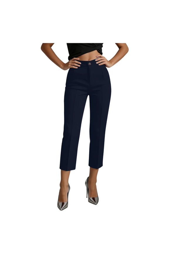 Women's Work office Casual Cropped Pants Button Fly High Waist Straight Leg Dress Pants with Pockets Summer Solid Commute Street Pants Navy