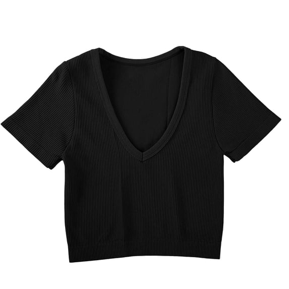 Miluxas Women's Workout Crop Tops Ribbed V Neck Short Sleeve Cropped T Shirts Summer Yoga Gym Running Crop Tee Tops Quick Dry Black
