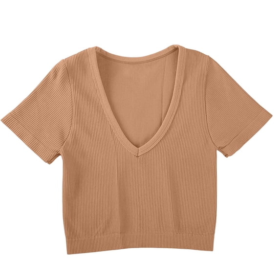 Miluxas Women's Workout Crop Tops Ribbed V Neck Short Sleeve Cropped T Shirts Summer Yoga Gym Running Crop Tee Tops Quick Dry Khaki