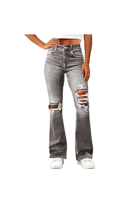 Women's Y2K High Waisted Ripped Flare Jeans Stretchy Distressed Bootcut Denim Pants Vintage Washed Street Casual Jeans Gray