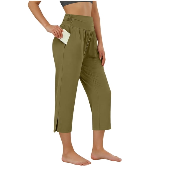 Miluxas Women's Yoga Capri Pants Summer Ruffled Waist Yoga Pants Solid Color Comfy Workout Cropprd Pants with Pockets Side Split Army Green