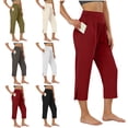 thumbnail image 1 of Miluxas Women's Yoga Capri Pants Summer Ruffled Waist Yoga Pants Solid Color Comfy Workout Cropprd Pants with Pockets Side Split White, 1 of 9
