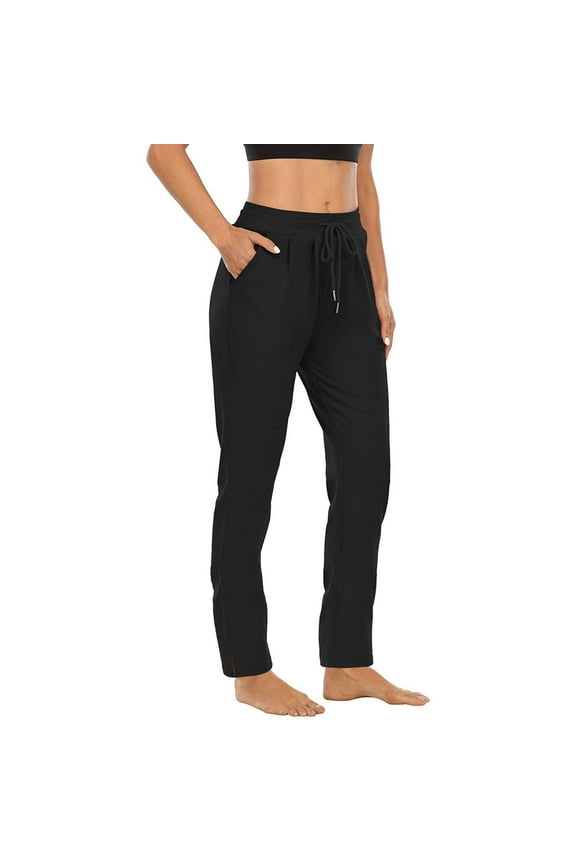 Women's Yoga Pants Long Comfy Drawstring Trousers Solid Color Straight-Leg for Yoga Running Sporting with Pockets Black