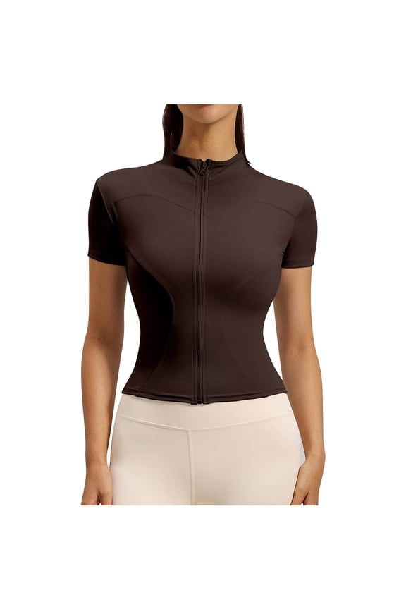 Women's Yoga Workout Jacket Full Zip Short Sleeve Stand Collar Athletic Shirts Slim Fit Sun Protection Shirts for Outdoor Activities Brown