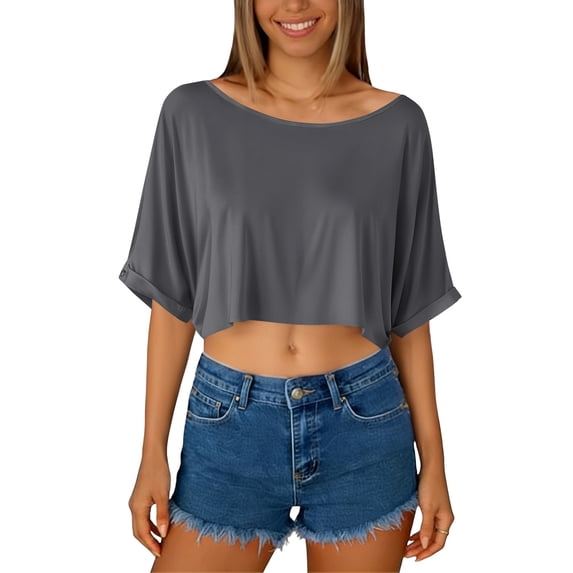 Miluxas Women's off Shoulder Batwing Sleeve Crop Top Loose Fit Rolled Cuff Casual Summer T Shirt Gray