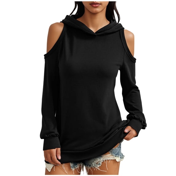 Miluxas Women's off the Shoulder Hoodies Long Sleeve Cold Shoulder Pullover Plain Oversized Hooded Sweatshirt Black L(L)