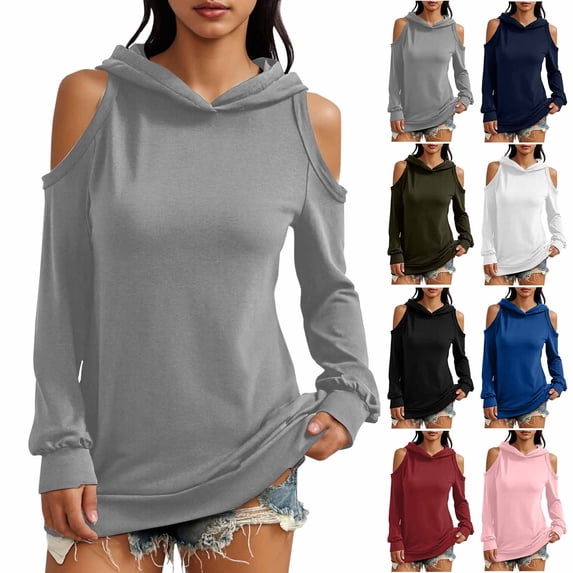 Miluxas Women's off the Shoulder Hoodies Long Sleeve Cold Shoulder Pullover Plain Oversized Hooded Sweatshirt White XL(XL)