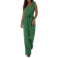 thumbnail image 1 of Miluxas Womens 2 Piece Outfit Set V Neck Sleeveless Belted Tank Tops and High Waisted Wide Leg Pants Solid Business Casual Outfits Green, 1 of 9