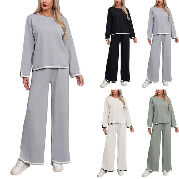 Miluxas Womens 2 Piece Outfits Long Sleeve Knit Sweater Sets Knit Pullover Tops Wide Leg Pants Lounge Sets Tracksuits White S(S)