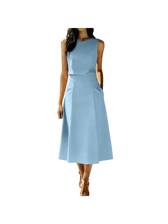 Womens 2 Piece Outfits Skirt Set Summer Elegant Sleeveless Crewneck Crop Tank Tops and High Waist Maxi Skirts Dressy Sets with Pocket Blue