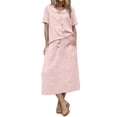 thumbnail image 1 of Miluxas Womens 2 Piece Outfits Summer Solid Skirt Set Button Short Sleeve Tops and Elastic Waist A Line Skirt Dress Sets with Pockets Pink, 1 of 5
