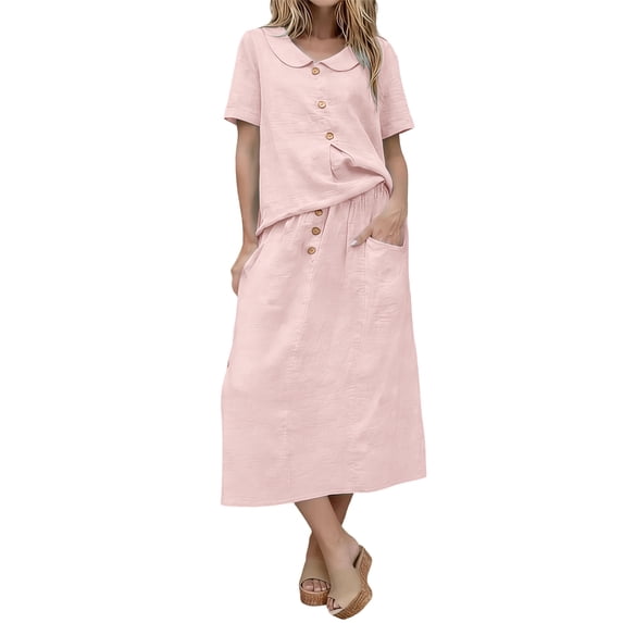Miluxas Womens 2 Piece Outfits Summer Solid Skirt Set Button Short Sleeve Tops and Elastic Waist A Line Skirt Dress Sets with Pockets Pink