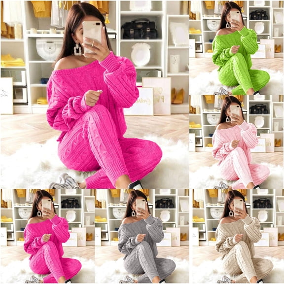 Miluxas Womens 2 Piece Outfits Sweater Sets off Shoulder Knit Tops Pants Suits Casual Pajama Set Pink 10(XL)