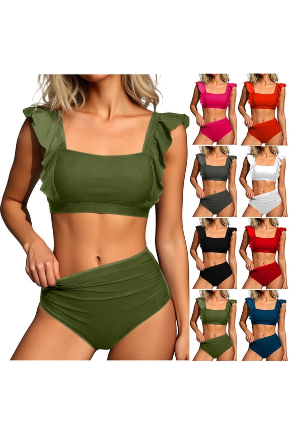 Womens 2 Piece Ruffle Cap Sleeve Shoulder Square Neck Bikini Set Ribbed High Waist Ruched High Cut Bathing Suit White