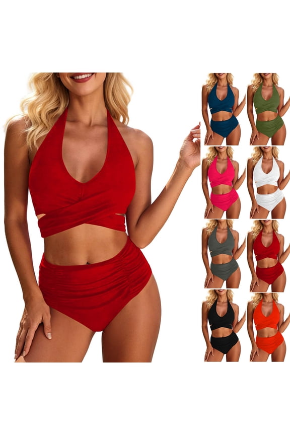 Womens 2 Piece Wrap Front Halter Bikini Set Deep V Neck Cutout High Waist Ruched High Cut Bathing Suit White