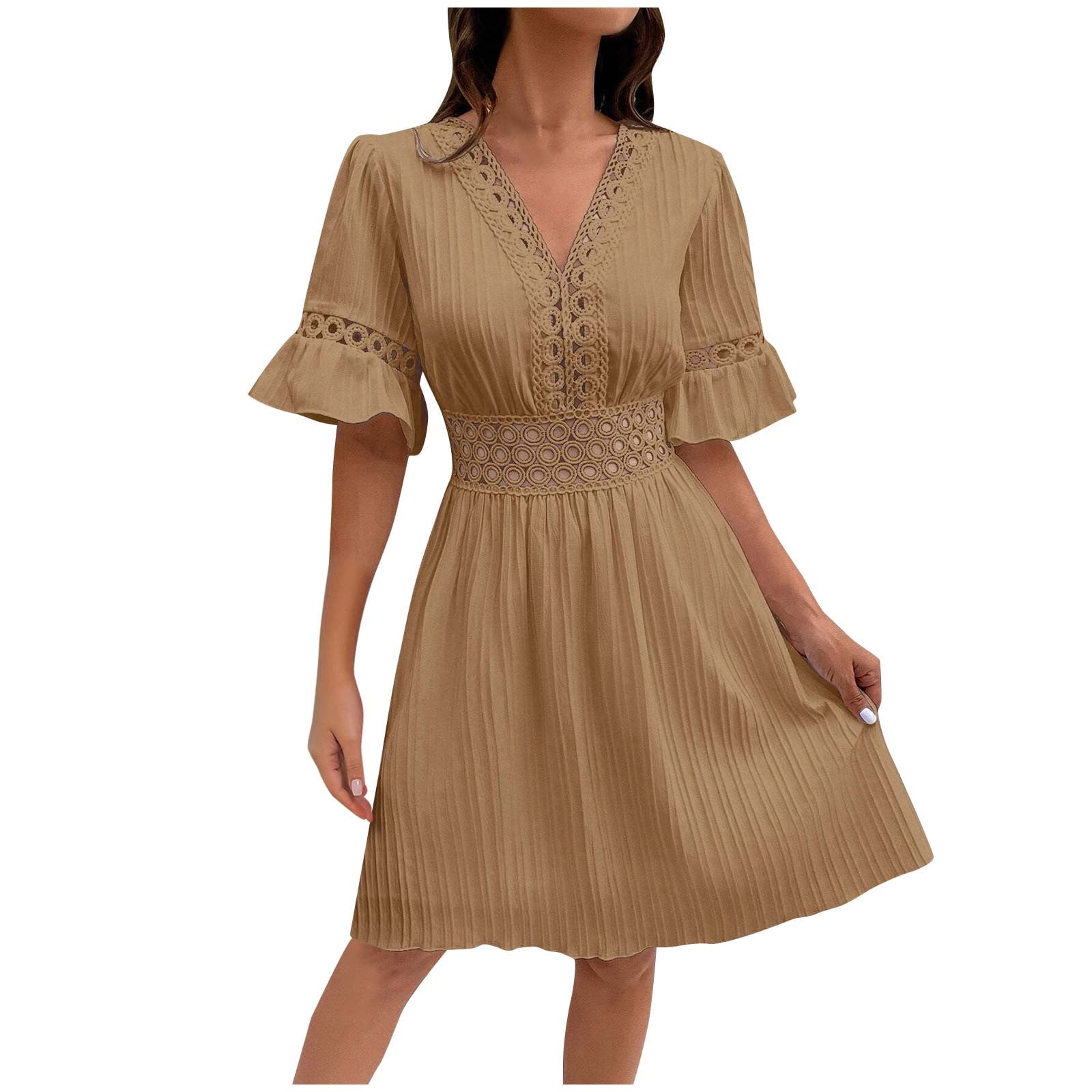 Miluxas Womens Summer Short Dress V Neck Short Sleeve A Line Hollow Out Lace Ruffle Cute Casual Beach Party Dresses Khaki 10(xl)