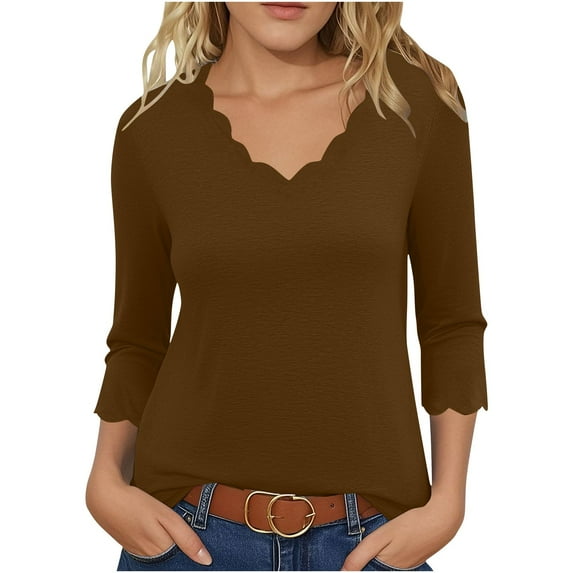 Miluxas Womens 3/4 Length Sleeve Tops Wave V Neck Dressy Casual Blouses Loose Fit T-Shirts Fashion Clothes Coffee