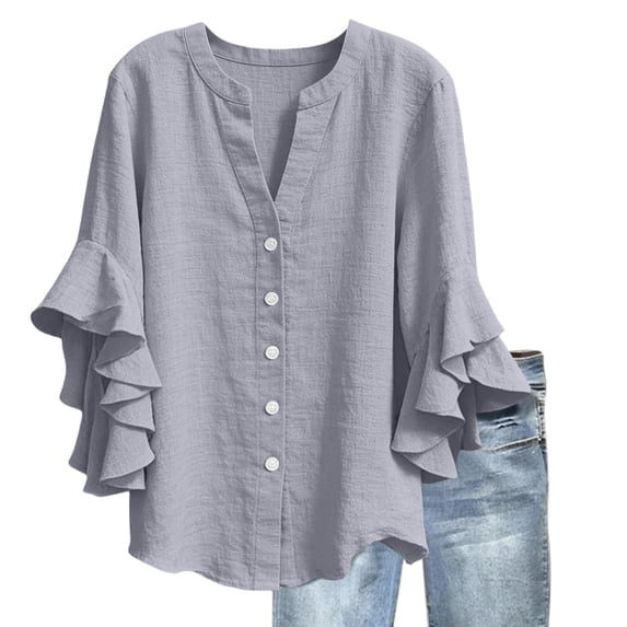 Miluxas Womens 3/4 Sleeve Button Down Shirts Summer V Neck Tops Casual Loose Fit Work Blouse Gray XL(XL)