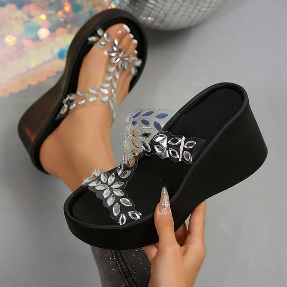 Miluxas Womens Arch Support Beach Vacation Wedge Sandal Wedding Flower Crystal Comfy Walking Thong Sandals Black-A 5.5(36)