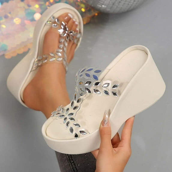 Miluxas Womens Arch Support Beach Vacation Wedge Sandal Wedding Flower Crystal Comfy Walking Thong Sandals Multicolor 6(37)