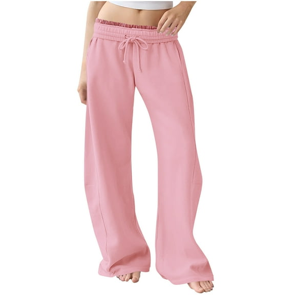 Miluxas Womens Baggy Wide Leg Pants Casual Solid Color Loose Drawstring Elastic Waisted Lounge Trousers Pink M(M)