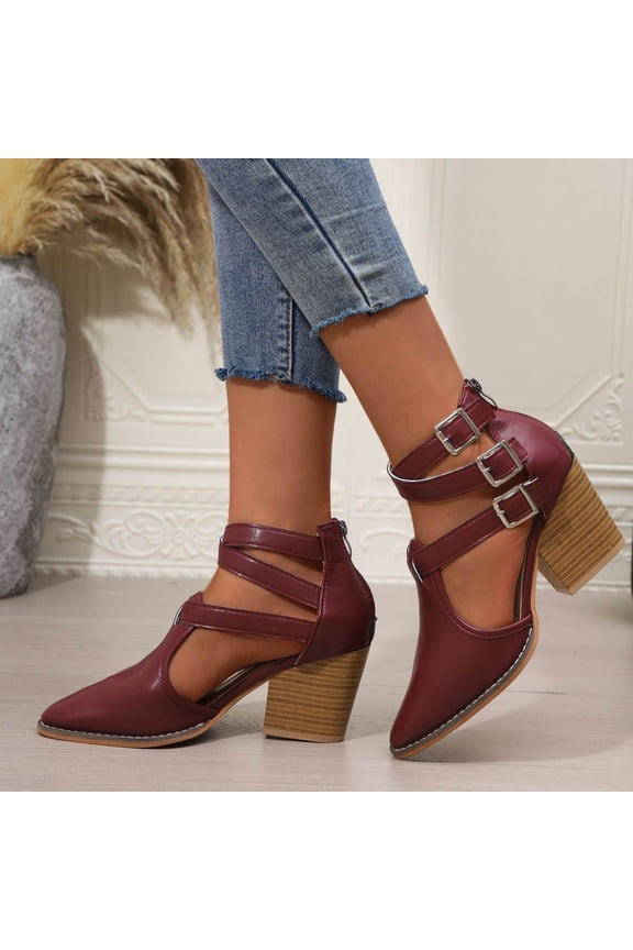 Womens Block Chunky Heels Closed Toe Ankle Strap Pumps Vintage Dress Wedding Party Shoes High Heel Ankle Boots Roman Sandals Wine 6(37)