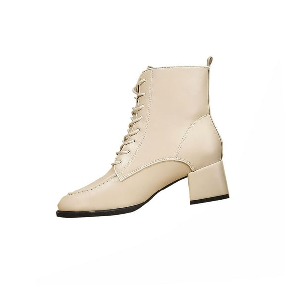 Miluxas Womens Booties Chunky Mid Heel Ankle Boots Lace up Square Toe Vintage Comfortable Winter Shoes Beige 7.5(40)