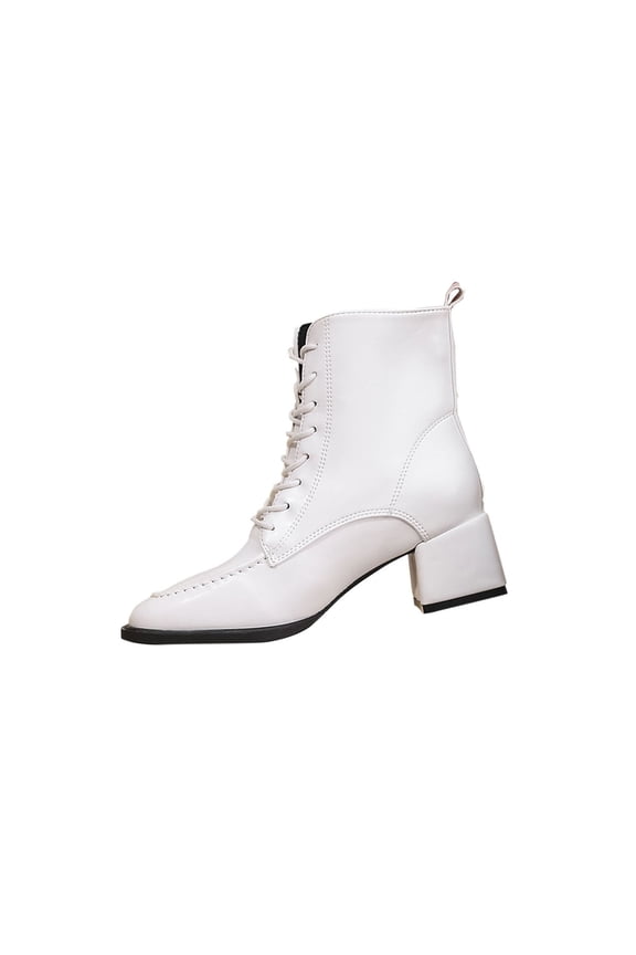 Womens Booties Chunky Mid Heel Ankle Boots Lace up Square Toe Vintage Comfortable Winter Shoes White 7(39)