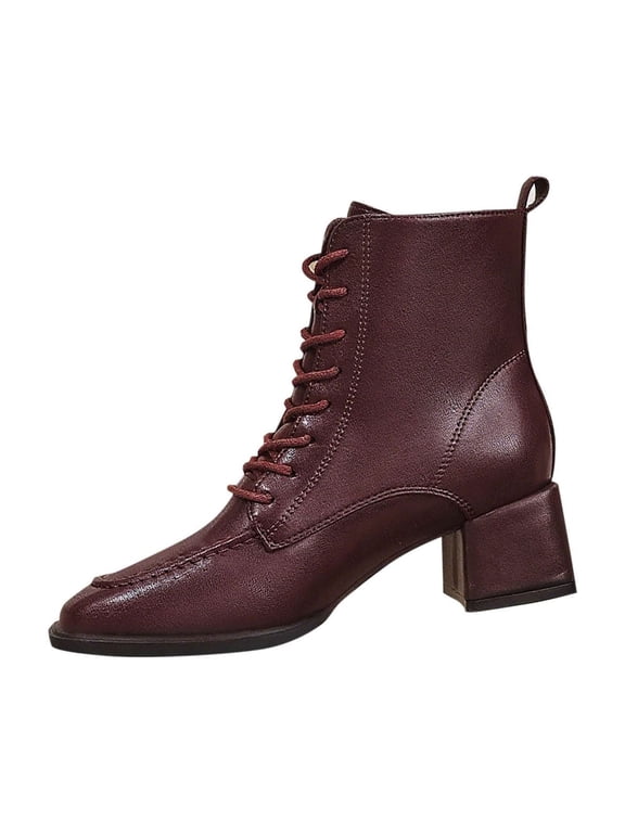 Womens Booties Chunky Mid Heel Ankle Boots Lace up Square Toe Vintage Comfortable Winter Shoes Wine 8.5(41)