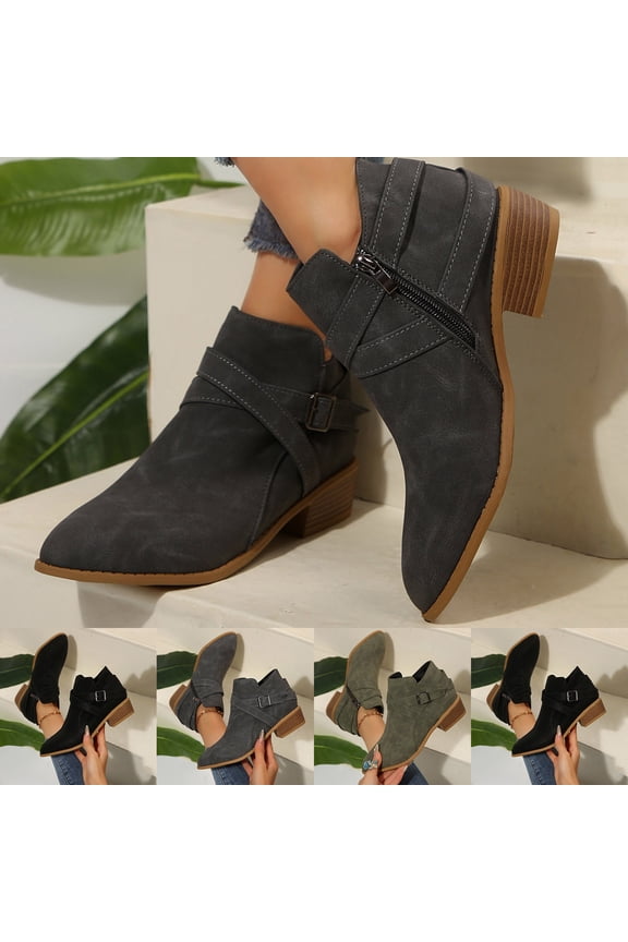 Womens Booties Mid Heel Ankle Boots Square Pointed Toe Chunky Heel Side Zipper Dressy Fall and Winter Boots Shoes Gray 9.5(43)
