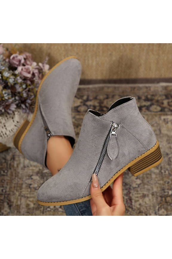 Womens Boots Fall Ankle Booties Vintage Slip on Round Toe Side Zipper Chunky Block Mid Heel Booties Solid Comfy Outdoor Boots Gray 8.5(41)