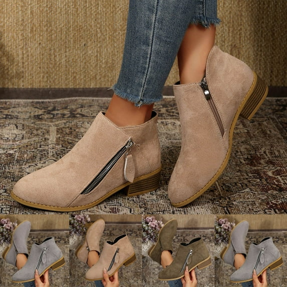 Miluxas Womens Boots Fall Ankle Booties Vintage Slip on Round Toe Side Zipper Chunky Block Mid Heel Booties Solid Comfy Outdoor Boots Khaki 9.5(43)