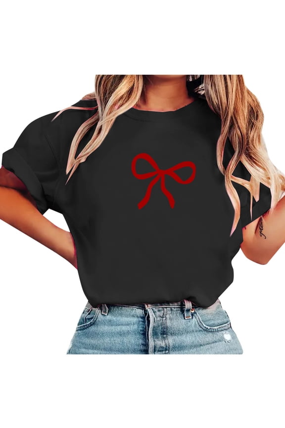 Womens Bow Shirt Girl Graphic Tees Cute Pink Bow Shirts for Teens Trendy Oversized Tops Black S(S)