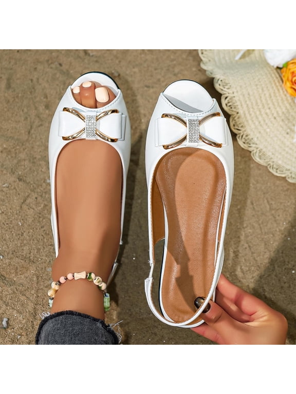 Womens Bowknot Dress Flats Ballet Low Wedge Open Toe Slip-Ons Comfortable Casual Flats Shoes Dressy office Work Shoes White 8.5(41)
