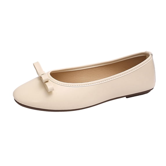 Miluxas Womens Bowknot Round Toe Ballet Flats Casual Slip-On Loafers Comfort Light Weight Walking Flats Leather Dress Shoes Beige 7(39)