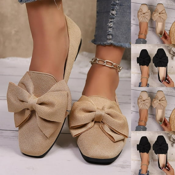 Miluxas Womens Bowknot Square Toe Shoes Comfortable Ballet Flats Slip on Loafers Dressy Flats for Party Khaki 9.5(43)