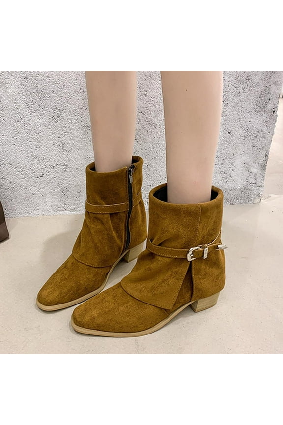 Womens Buckle Outdoor Suede Casual Round Toe Chunky Low Heel Ankle High Boots Khaki 5.5(36)