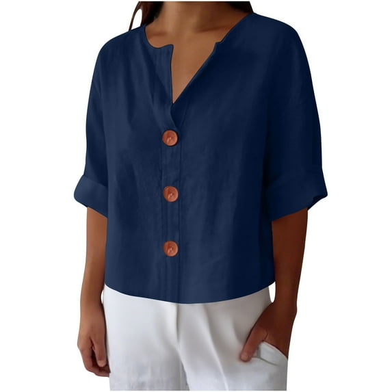 Miluxas Womens Button Down Casual Shirts Cotton Linen Short Sleeve Blouses Solid Summer Tops Navy M(M)
