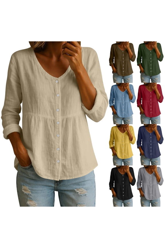 Womens Button Down Shirts Long Sleeve V Neck Cotton Linen Shirt Summer Solid Casual Loose Fit Tops Blouses Yellow