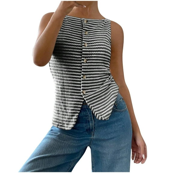 Miluxas Womens Button Down Striped Tank Vest Trendy Casual Slim Fit Sleeveless Going Out Square Neck Tank Tops Black L(L)