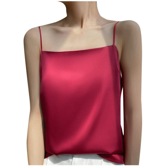 Miluxas Womens Camisole Satin Cami Top Basic Square Neck Spaghetti Strap Top Silky Camisole Wine 20-22(XXL)