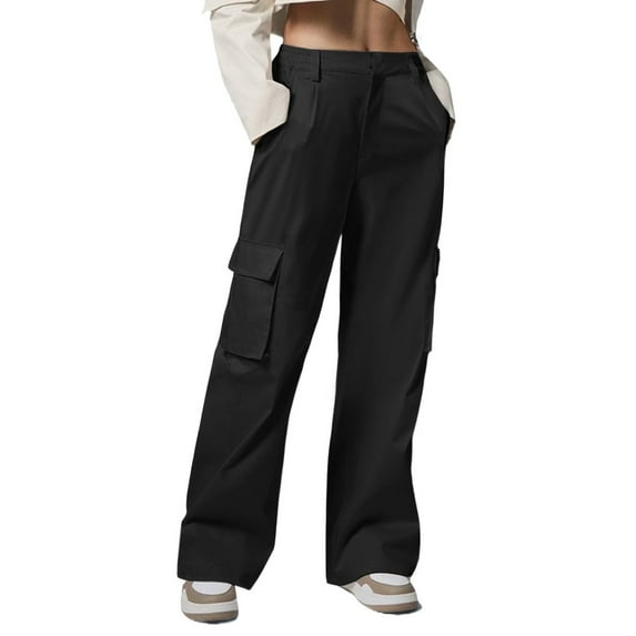 Miluxas Womens Cargo Pants Solid Color Casual Straight Leg Button Work Pants with Pockets Black M(M)