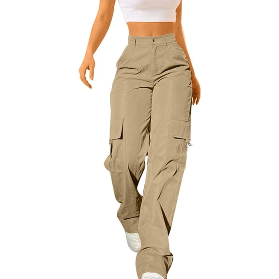 Miluxas Womens Cargo Pants Women Baggy Wide Leg High Waist Solid Color Casual Pants Jean Stretch Pants Khaki M(M)