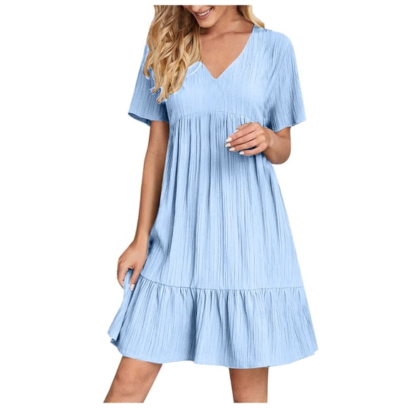 Miluxas Womens Casual Dresses Summer V Neck Short Sleeve Midi Dress Flowy Loose Fit Solid Color Ruffle Hem Beach Sundress Light Blue L(L)