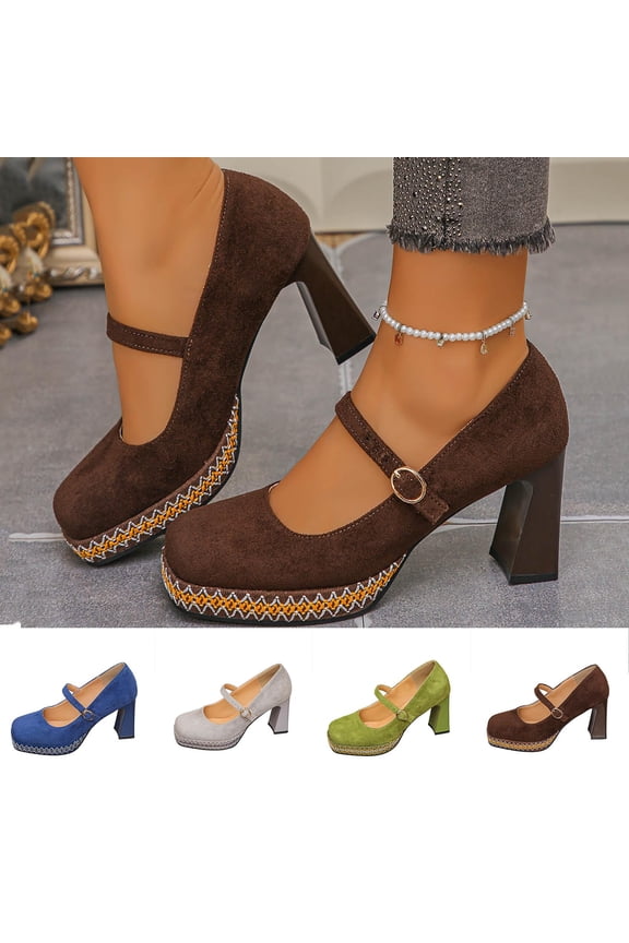 Womens Casual High Heel with Square Toe and Buckle Strap Thick Heel Shallow Cut Large Size Shoes Gray 9(42)