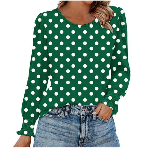 Miluxas Womens Casual Long Sleeve T-Shirts Round Neck Polka Dot Print Tops Trendy Loose Fit Blouses Army Green L(L)