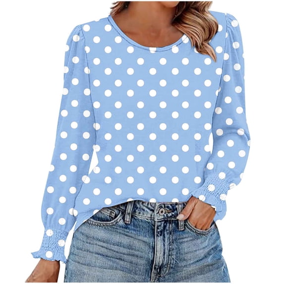 Miluxas Womens Casual Long Sleeve T-Shirts Round Neck Polka Dot Print Tops Trendy Loose Fit Blouses Light Blue M(M)